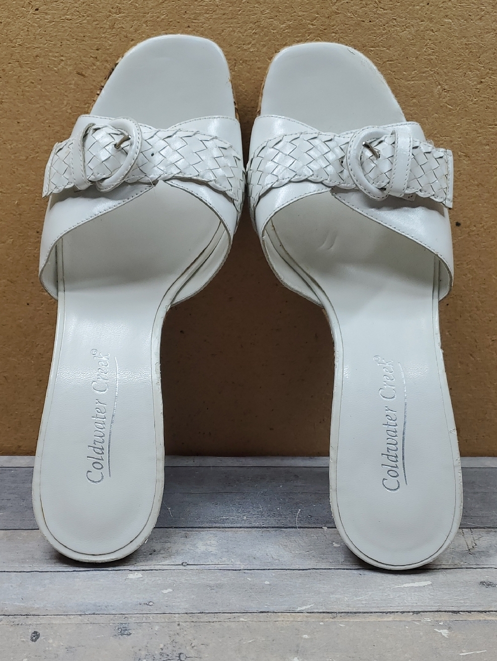 Coldwater Creek White Woven Buckle Slide Wedge Sandals Size 8